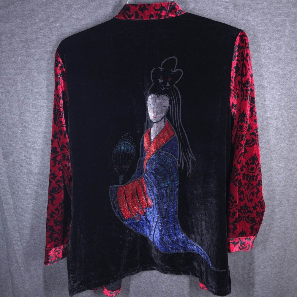 Vtg Y2K Look East Geisha Girl Velvet Burnout Button Down Tunic ‎ Size M